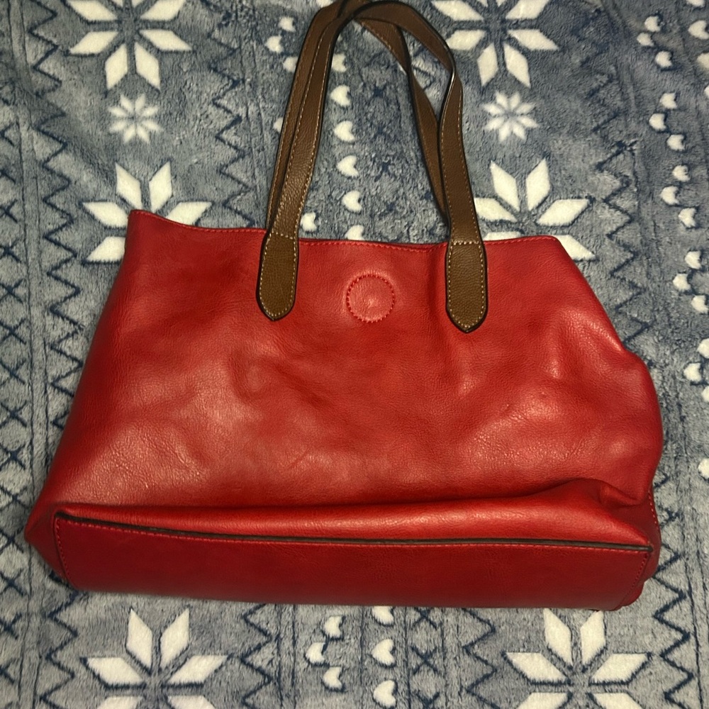 Elegant Red Leather Tote with Brown Accents